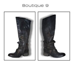 Boutique 9 Ruffled Black Leather Knee High Boots